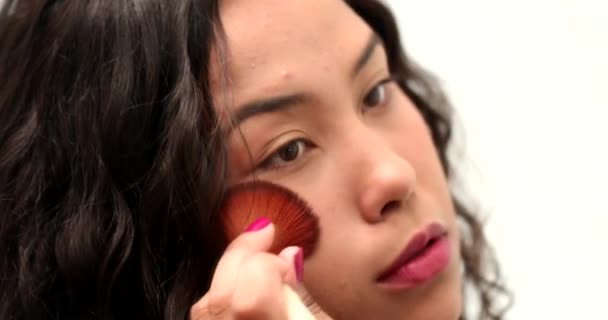 Hispanic Girl Applies Make Front Mirror Reflection — Stock Video