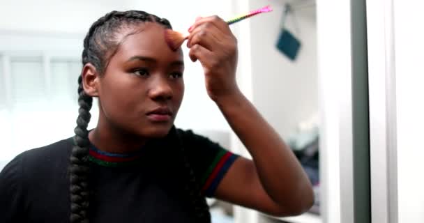 Black Girl Applying Make Front Mirror Young African Woman Applies — Vídeo de stock