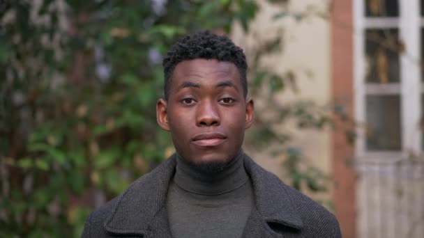 Portrait Young Black Man Standing Outdoors Looking Camera — 비디오