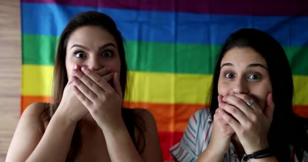 Two Women Covering Mouth Hands Shock Disbelief Lgbt Concept — Stock Video
