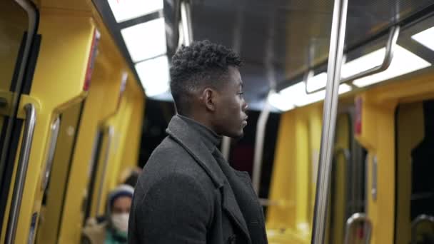 Portrait African Man Riding Subway Person Commuting Underground Metro — Stockvideo