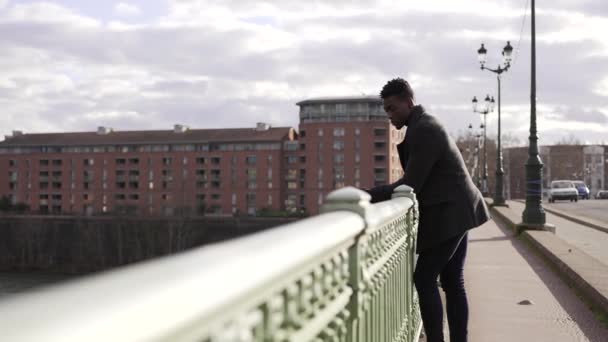 Thoughtful Black African Man Thinking Life Top Bridge — Stok video