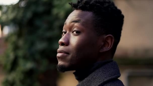 Handsome Black Man Turning Head Camera African Portrait — Video