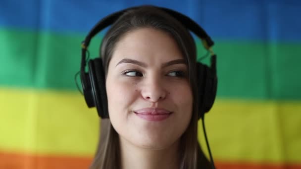 Millennial Woman Listening Podcast Song Audiobook Headphones — Vídeos de Stock