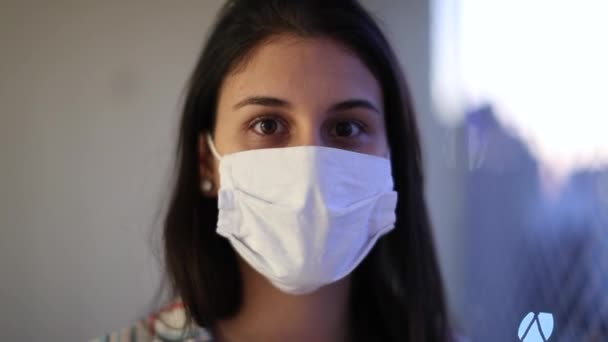 Young Woman Removing Surgical Face Mask Smiling Camera Relief — Stockvideo