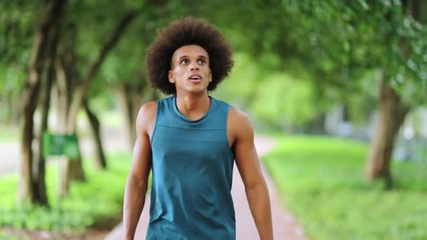 Young African American Man Walking Park Sportive Handsome Black Man — Vídeos de Stock