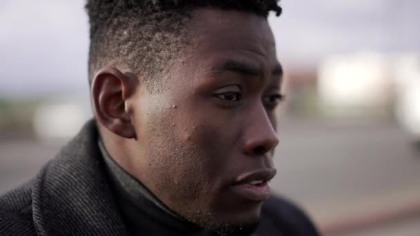 Pensive Worried Black African Man Feeling Anxious Concerned Sitting Sidewalk — Stockvideo