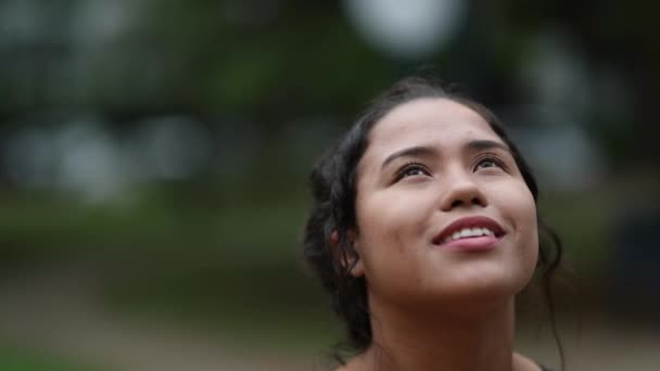 Happy Hispanic Girl Opening Eyes Hope Faith Woman Face Smiling — стоковое видео