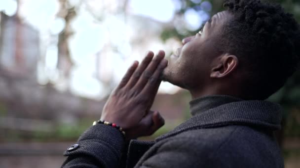 Spiritual Young Black African Man Praying God — Αρχείο Βίντεο