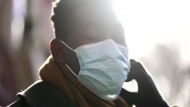 Black Man Removing Covid Surgical Face Mask End Pandemic Concept — 图库视频影像