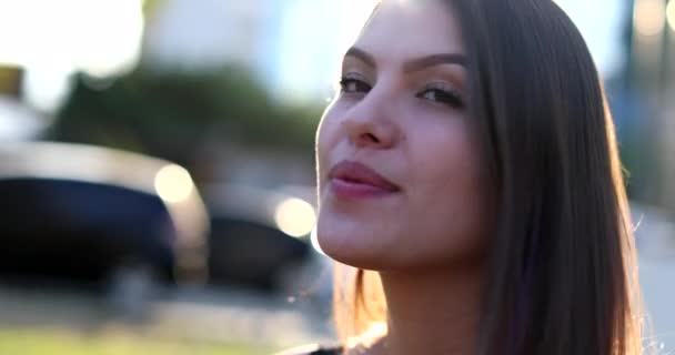 Young Woman Smile Looking Camera Flare — Stockvideo