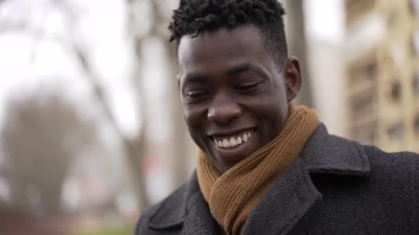 Charismatic Happy Black African Young Man Smiling Wearing Scarf Winter — Video