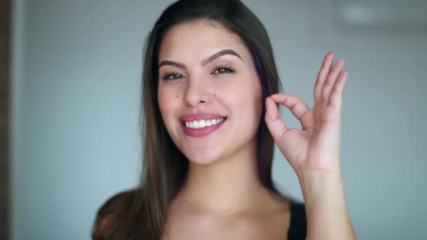 Young Woman Approval Gesture Hand Pretty Girl Giving Sign — Vídeos de Stock
