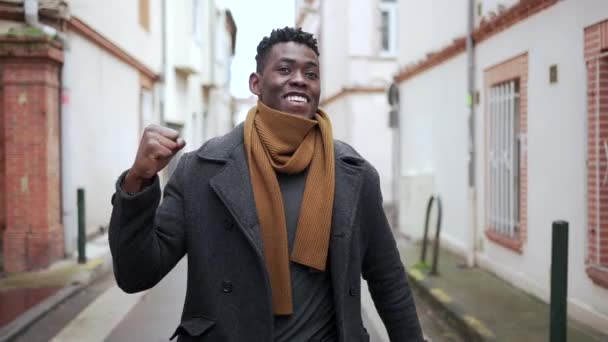 Black Man Celebrating Success Clenching Fists Feeling Satisfaction Street — Vídeos de Stock