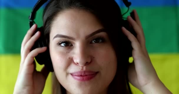 Happy Millennial Woman Listening Song Girl Face Wearing Headphones — Stockvideo