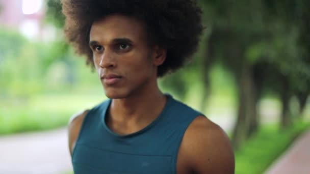 Handsome Young Black Man Walking Park Walks Forward — стоковое видео