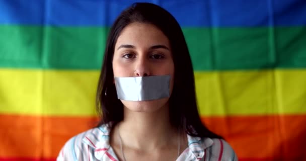 Young Woman Covering Mouth Duct Tape Lgbt Censorship Concept Gay — Vídeos de Stock