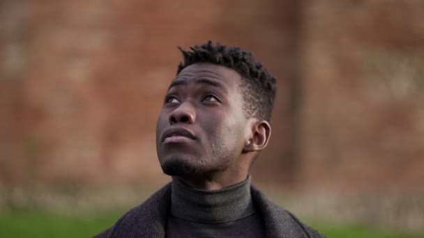 Thoughtful Black African Man Portrait Face Close Tracking Shot — стоковое видео