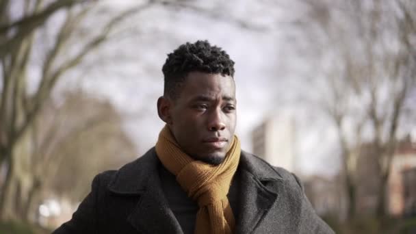 Elegant Black Man Walking Nature Park Winter Season — Stockvideo