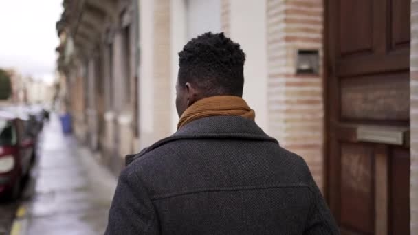 Şehir Merkezindeki Kaldırımda Siyahların Arkası Yürüyor Afrikalı Kişi Bakış Açısı — Stok video