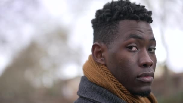 Black Man Looking Camera Portrait Tracking Shot Serious Emotion Elegant — Video Stock