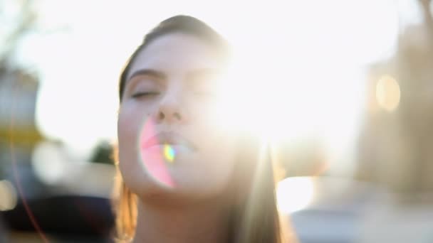 Contemplative Young Woman Meditation Nature Pretty Girl Standing Outdoors Sunflare — Wideo stockowe