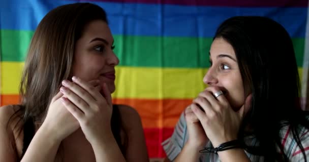 Two Lgbt Women Covering Mouth Hand Surprise — ストック動画