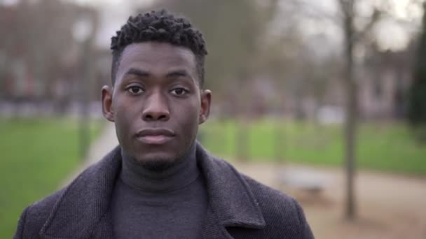 Satisfied Young Black African Man Walking Park Nature Feeling Happy — Video