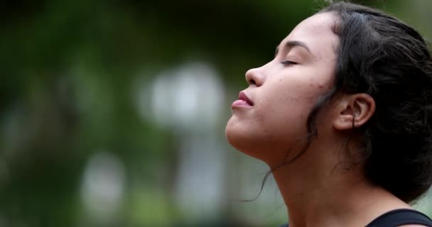 Meditative Profile Girl Opening Eyes Smiling Contemplative Woman Nature — Video