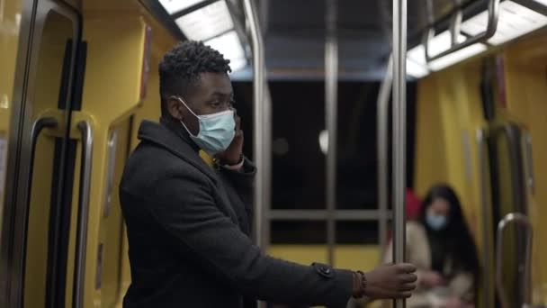 Black Man Commuter Removing Face Mask Metro Subway End Pandemic — Stockvideo