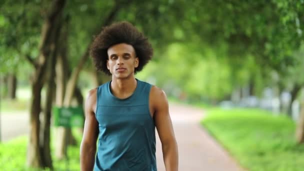 Young African American Man Walking Camera Smiling — Video