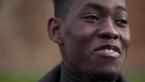 Positive Emotion Black African Man Smiling Close Face — стоковое видео
