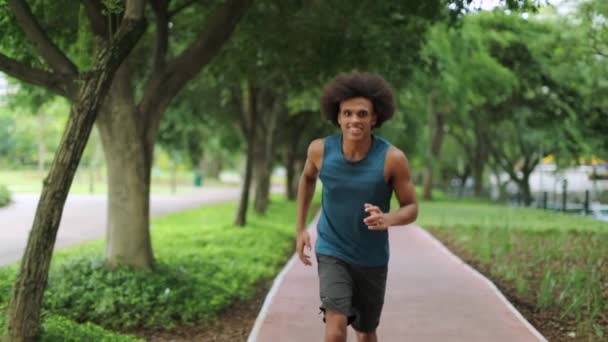 Confident Young Black Man Running Park Smiling African Man Jogging — Video