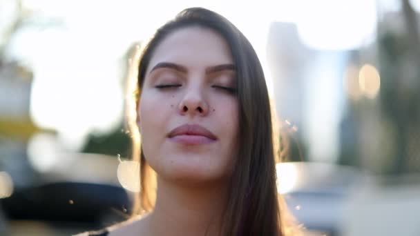 Eyes Closed Young Woman Opening Eye Camera Girl Taking Deep — Stockvideo