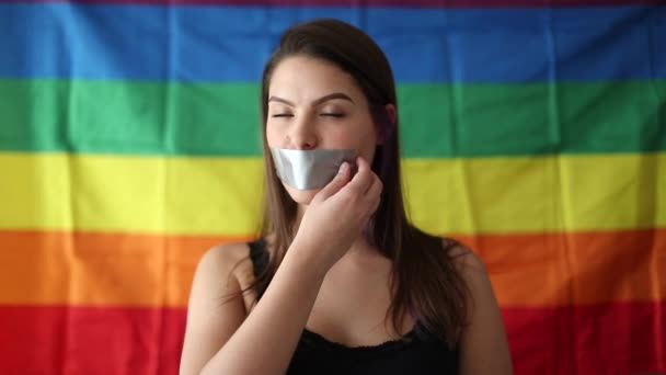 Censored Woman Removing Duct Tape Mouth Freedom Speech Concept — Stok video