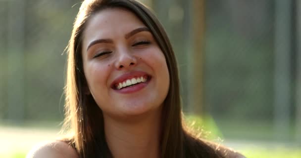 Happy Young Woman Smiling Park Millennial Girl Portrait Smiling Laughing — Αρχείο Βίντεο