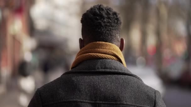 Back Black Man Walking City — Stok video