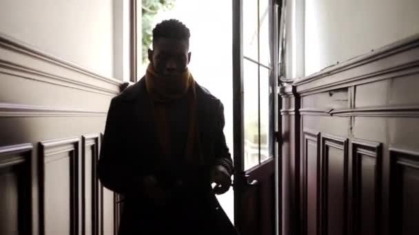 Person Leaving Home Stepping Black Man Opening Entrance Door Walking — Video