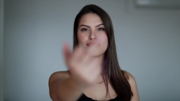 Young Woman Showing Middle Finger Camera Defiant Girl Provocative Gesture — Αρχείο Βίντεο