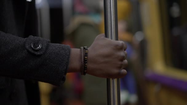 African Man Standing Subway Metro Wearing Coronavirus Mask Underground Commute — Stockvideo