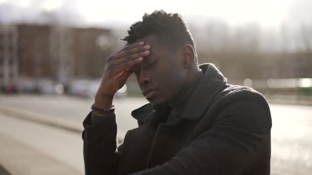 Worried Black Man Suffering Alone Emotional Pain City Sidewalk Street — Video Stock