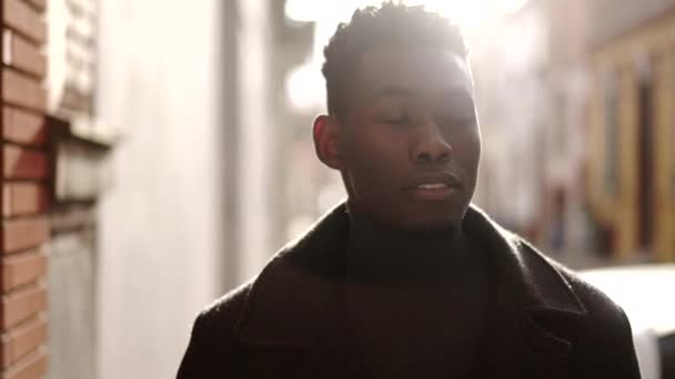 Young Black Man Walking Slow Motion City Sunlight — 비디오
