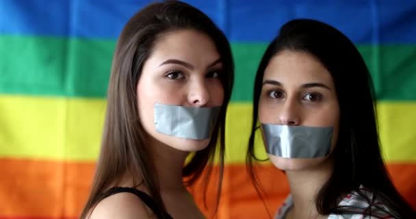 Portraits Two Lesbian Girlfriends Unable Speak Censored Duct Tape Mouth — стоковое видео