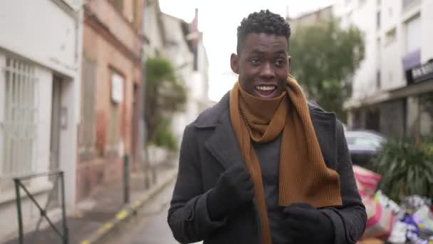 Happy Black Man Celebrating Success While Walking Street — Video Stock