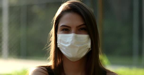 Young Woman Wearing Surgical Mask Prevention Pandemic Girl Portrait Wearing — Stockvideo