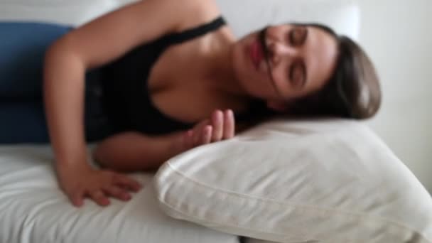 Tired Woman Lying Couch Home Pretty Girl Falling Sofa — Αρχείο Βίντεο