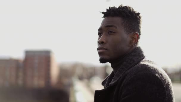 Pensive Black Man Thinking Life Top City Bridge Elegant African — Vídeos de Stock