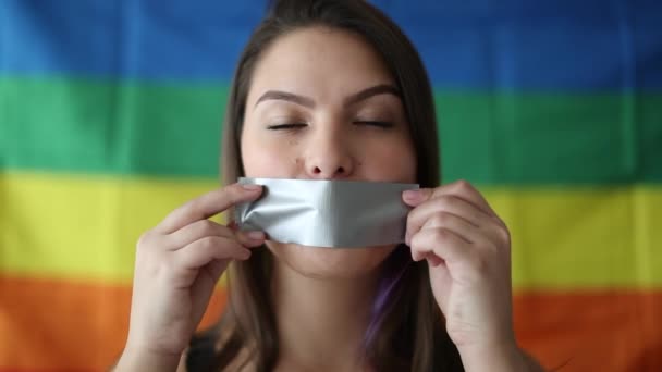 Young Woman Putting Duct Tape Mouth Girl Rights Being Silenced — ストック動画