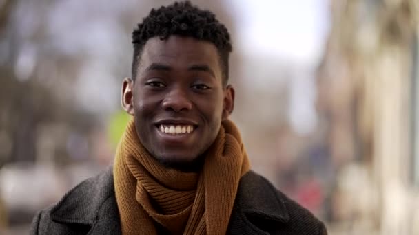 Friendly Black African Man Portrait Smiling Camera Standing Outdoors Urban — Wideo stockowe