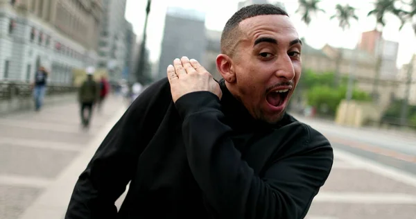 Happy Hispanic Man Receiving Good News Dancing Joy — Foto de Stock